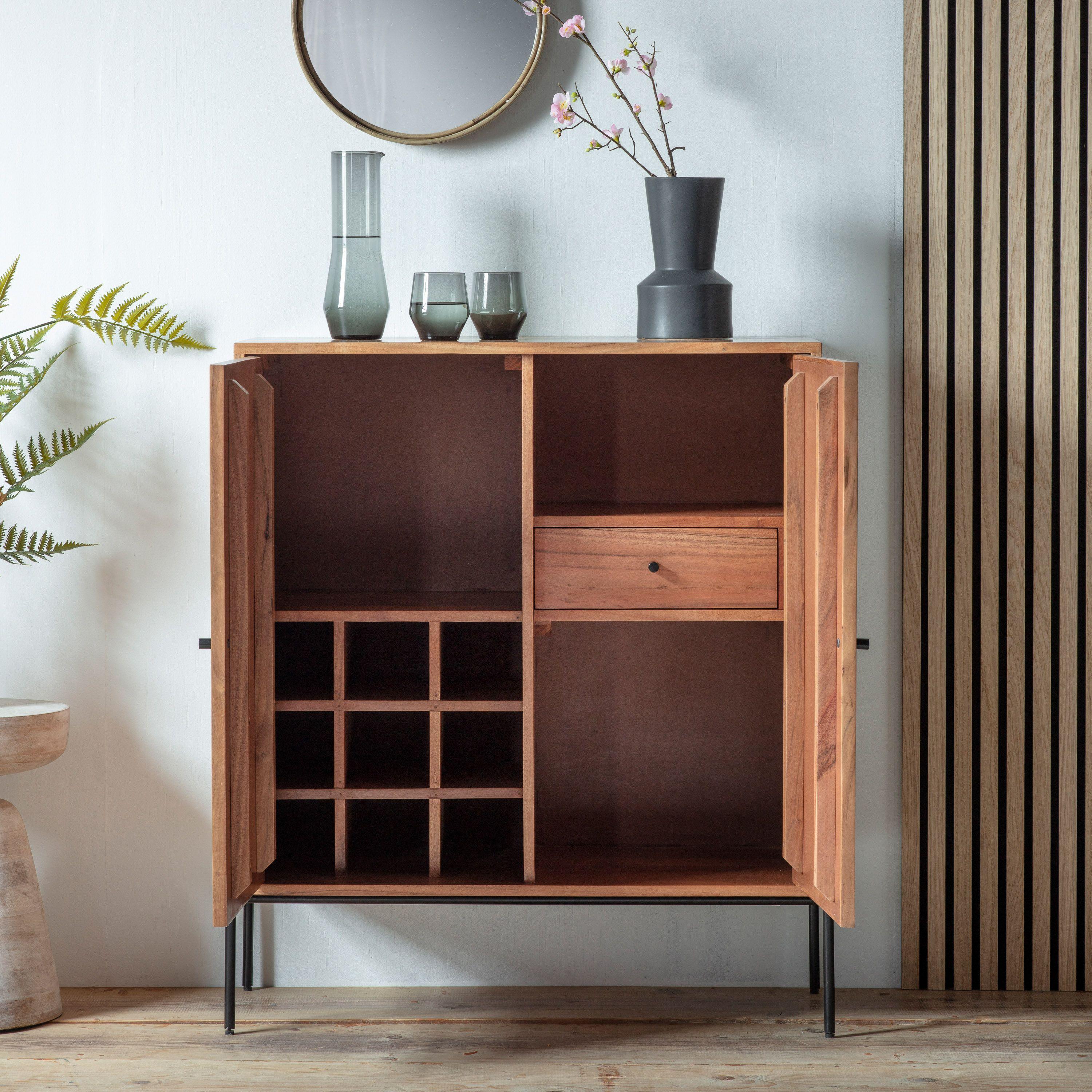 Mirage 2 Door Acacia Wood Drinks Cabinet with Black Metal Legs - Maison Rêves UK