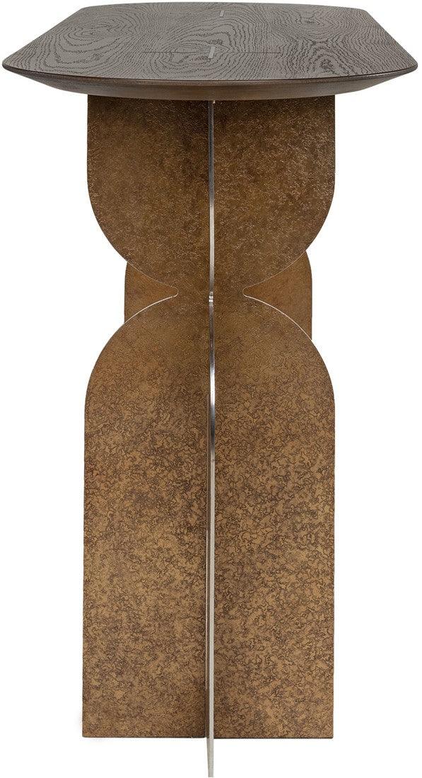 Ray Bronze Steel Console Table with Brown Oak Wood Top - Maison Rêves UK