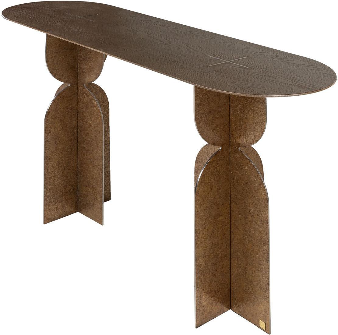 Ray Bronze Steel Console Table with Brown Oak Wood Top - Maison Rêves UK