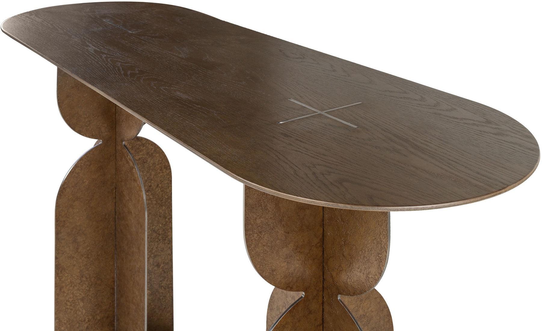 Ray Bronze Steel Console Table with Brown Oak Wood Top - Maison Rêves UK