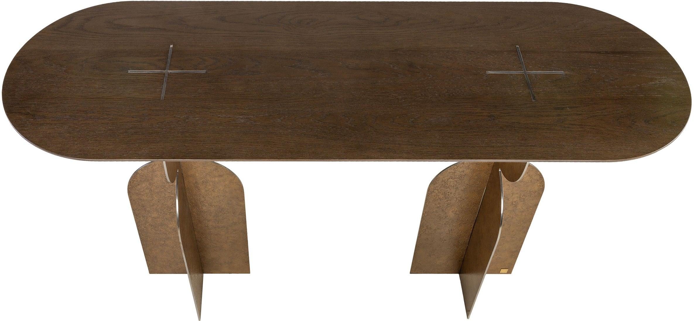 Ray Bronze Steel Console Table with Brown Oak Wood Top - Maison Rêves UK