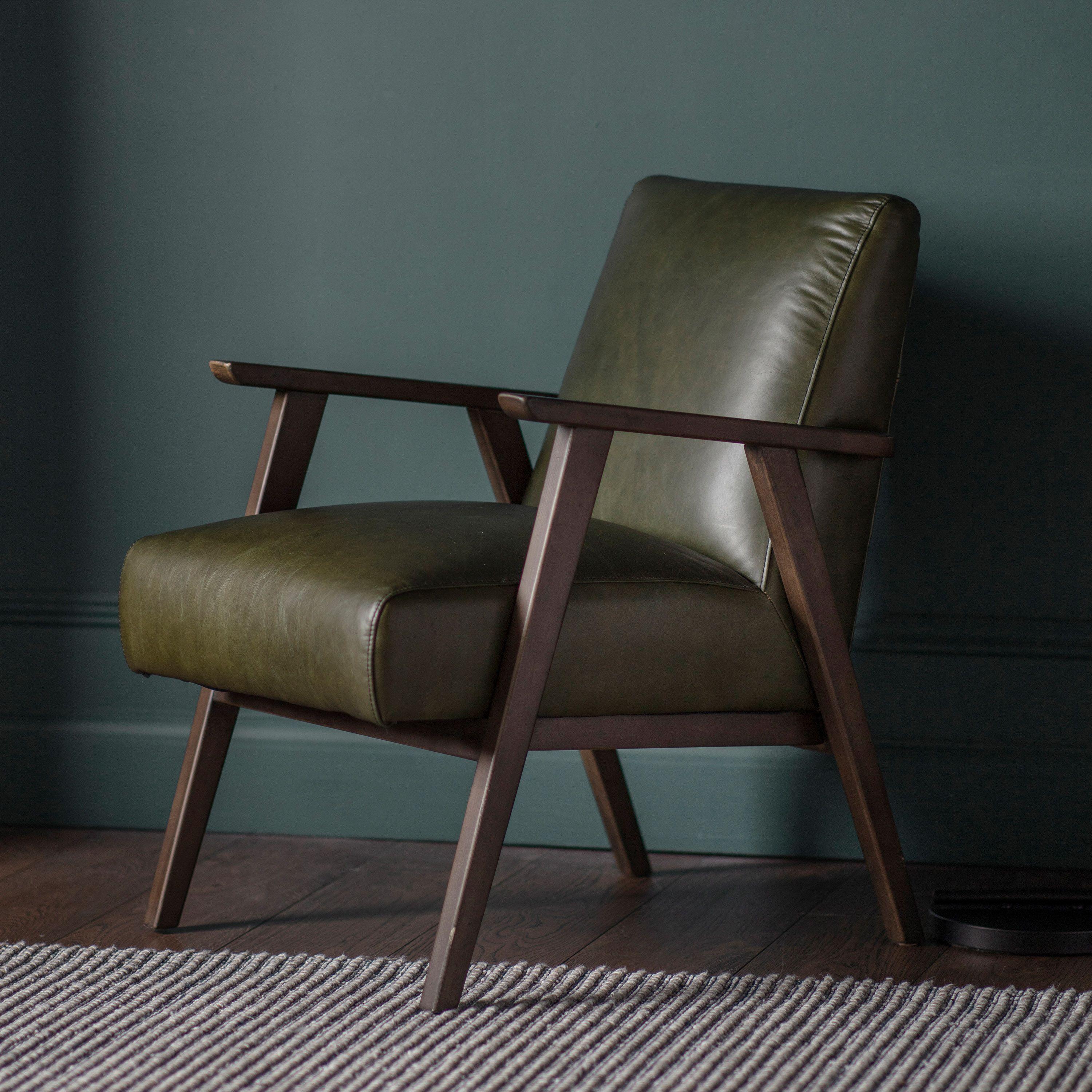 Serenara Armchair Heritage Green Leather with Wooden Frame - Maison Rêves UK