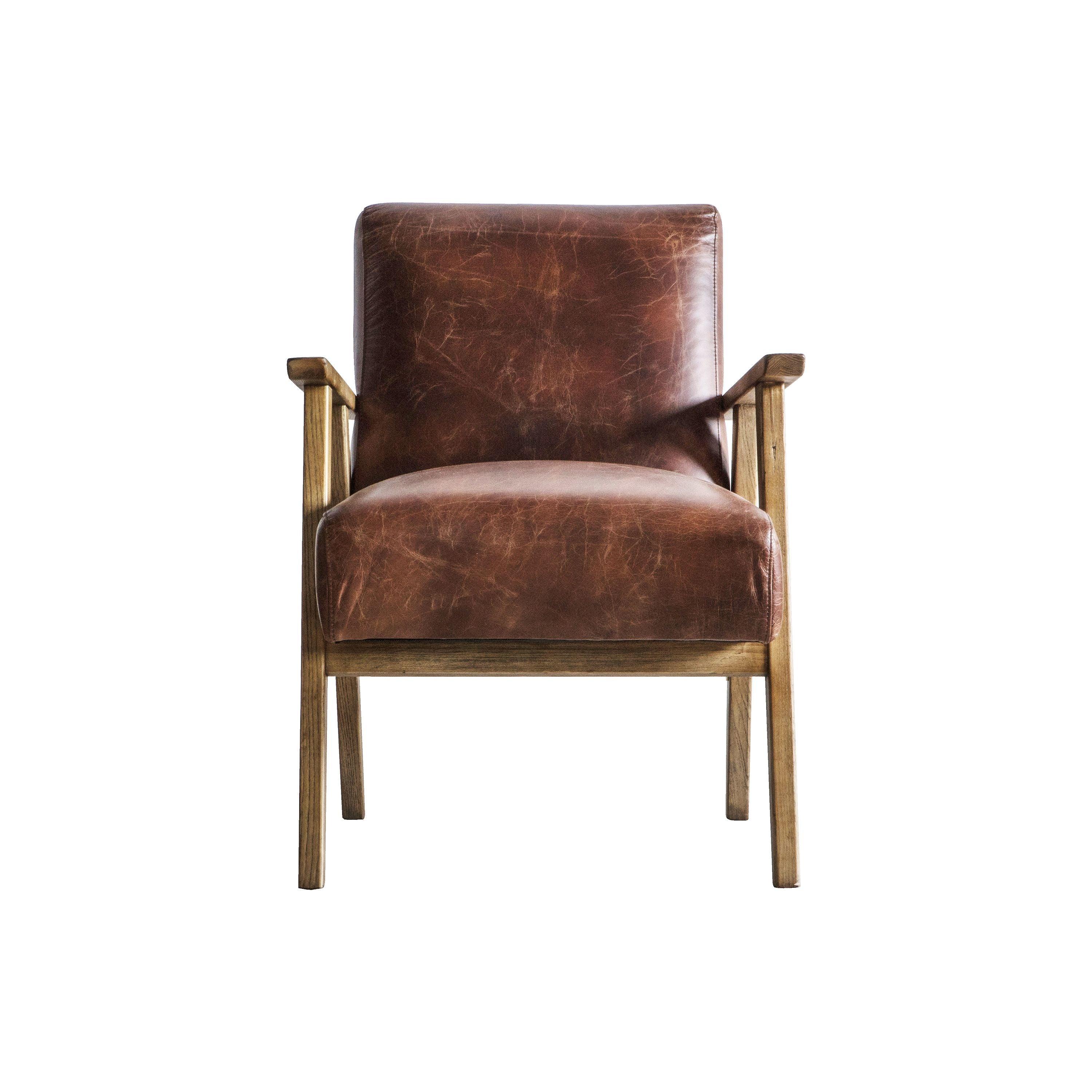 Serenara Armchair Vintage Brown Leather with Wooden Frame - Maison Rêves UK
