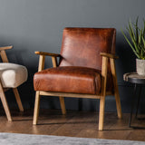 Serenara Armchair Vintage Brown Leather with Wooden Frame - Maison Rêves UK