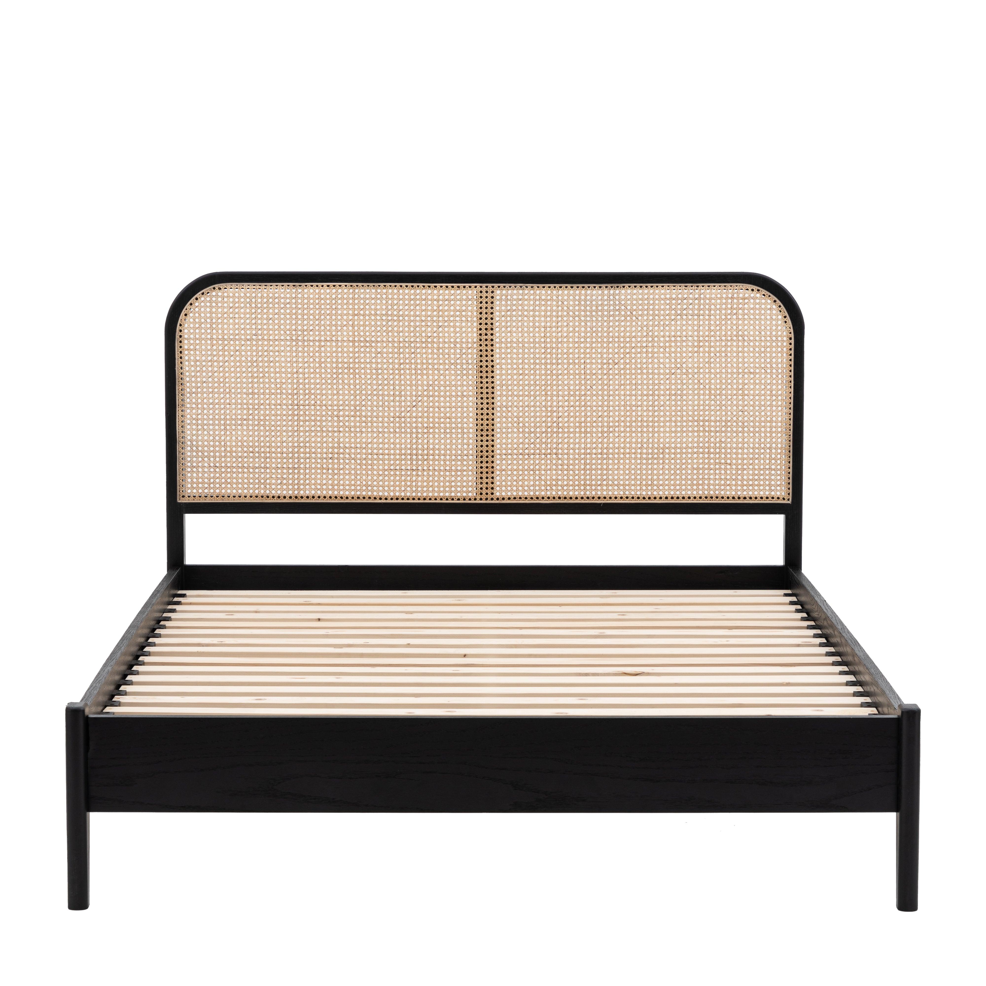 Severin Rattan Double 4'6 Bed with Black Oak Wood Frame - Maison Rêves UK