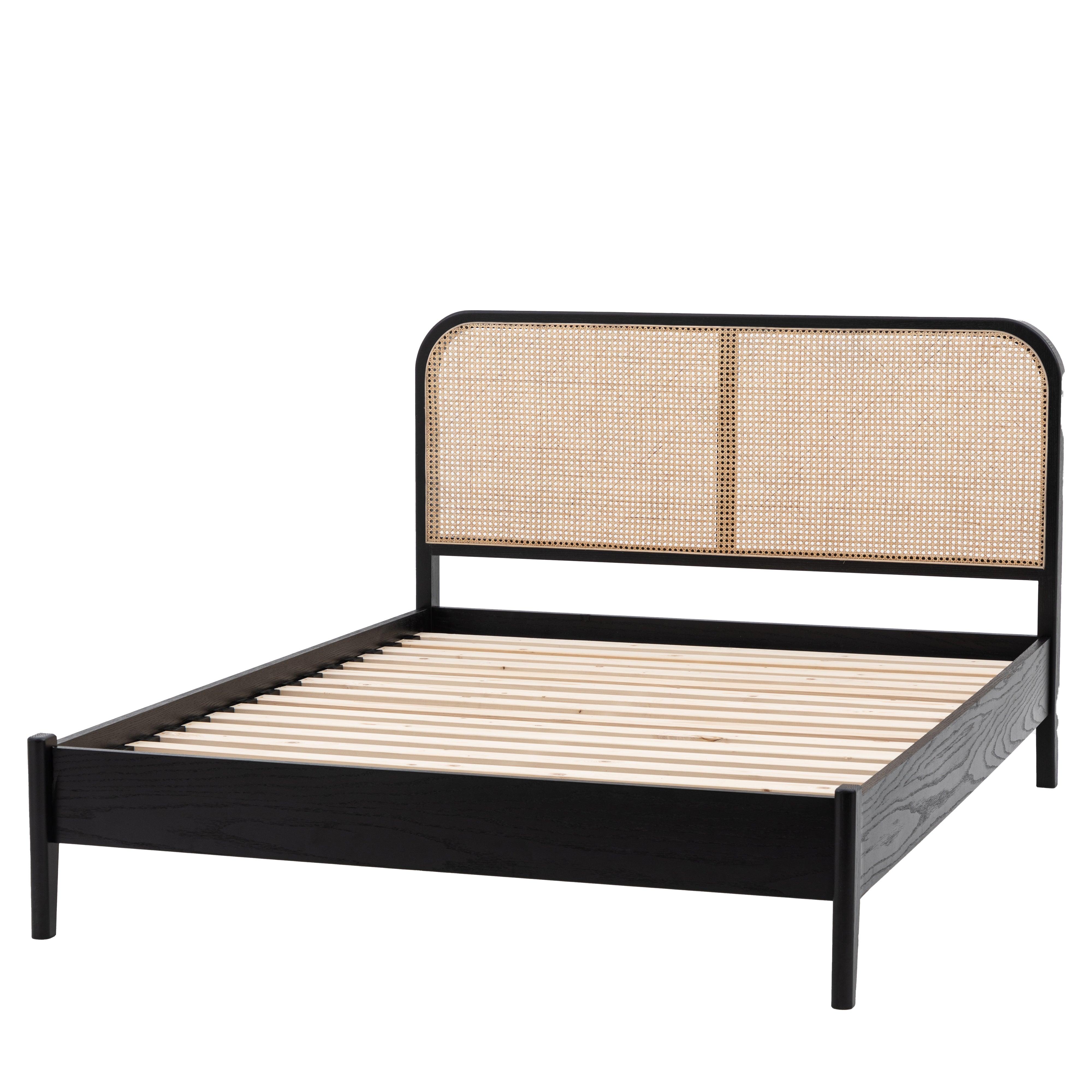 Severin Rattan Double 4'6 Bed with Black Oak Wood Frame - Maison Rêves UK
