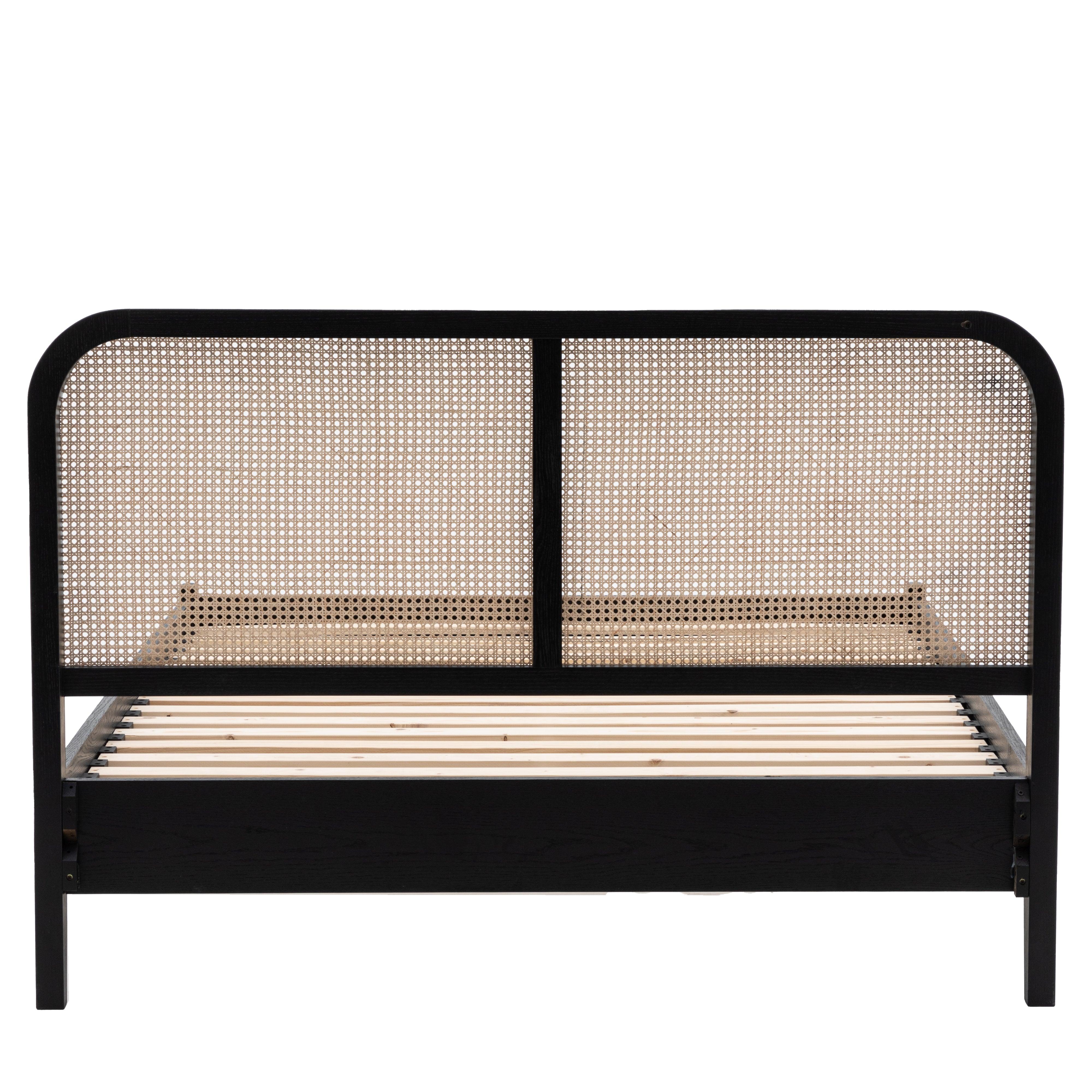 Severin Rattan Double 4'6 Bed with Black Oak Wood Frame - Maison Rêves UK