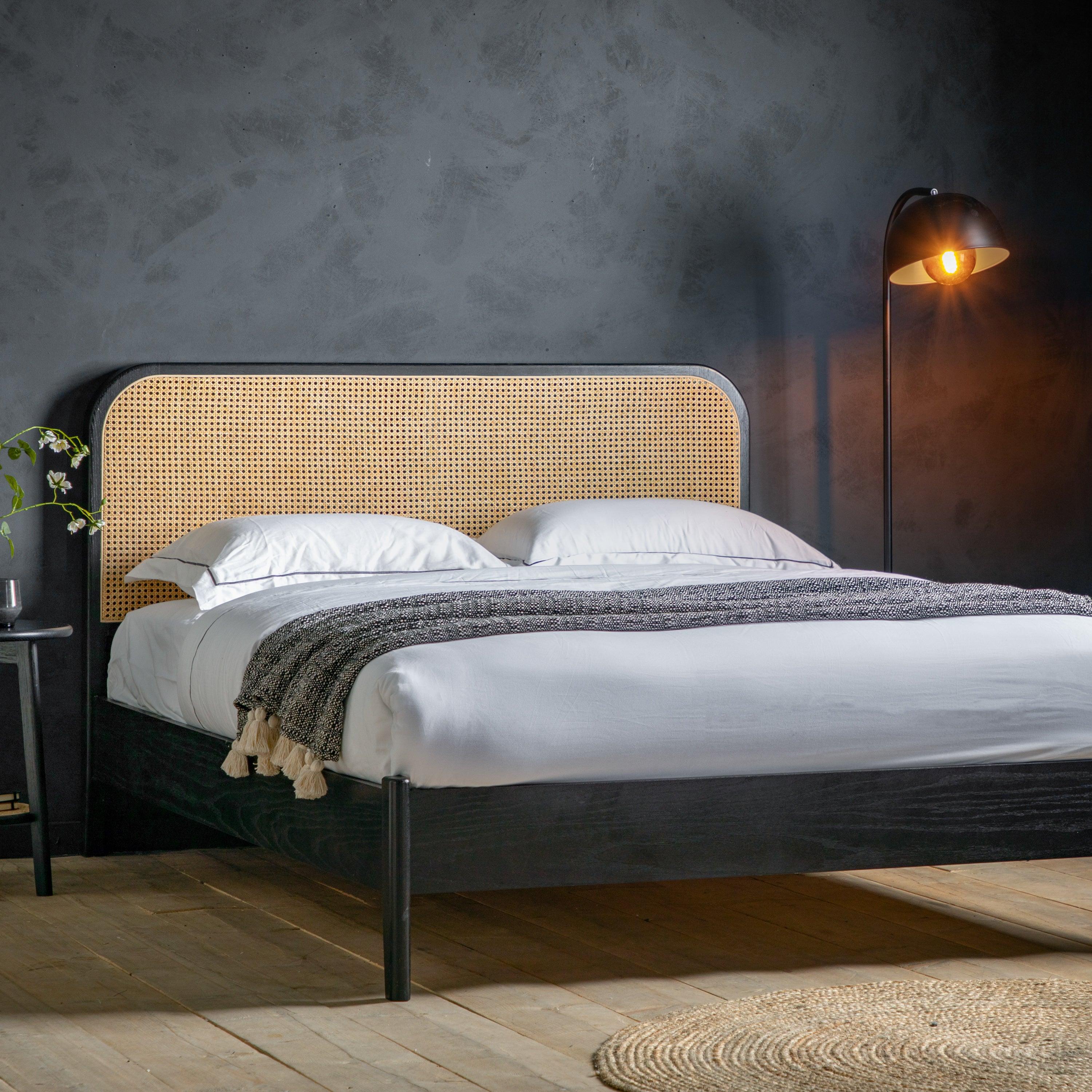 Severin Rattan Double 4'6 Bed with Black Oak Wood Frame - Maison Rêves UK