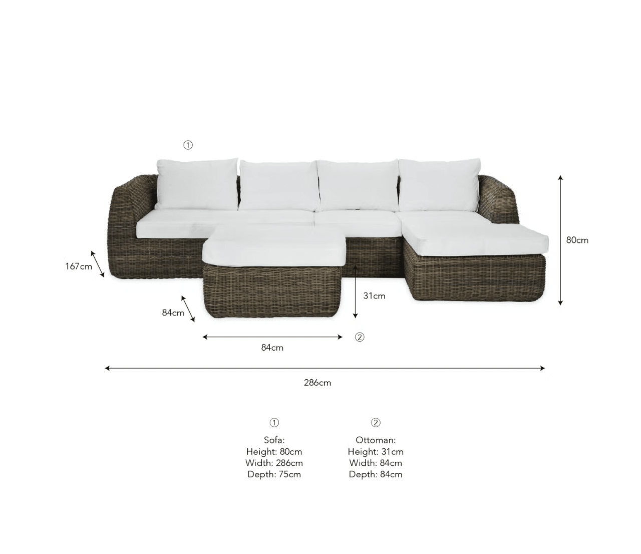 Skala Outdoor All Weather Rattan Sofa Set with Ottoman - Maison Rêves UK