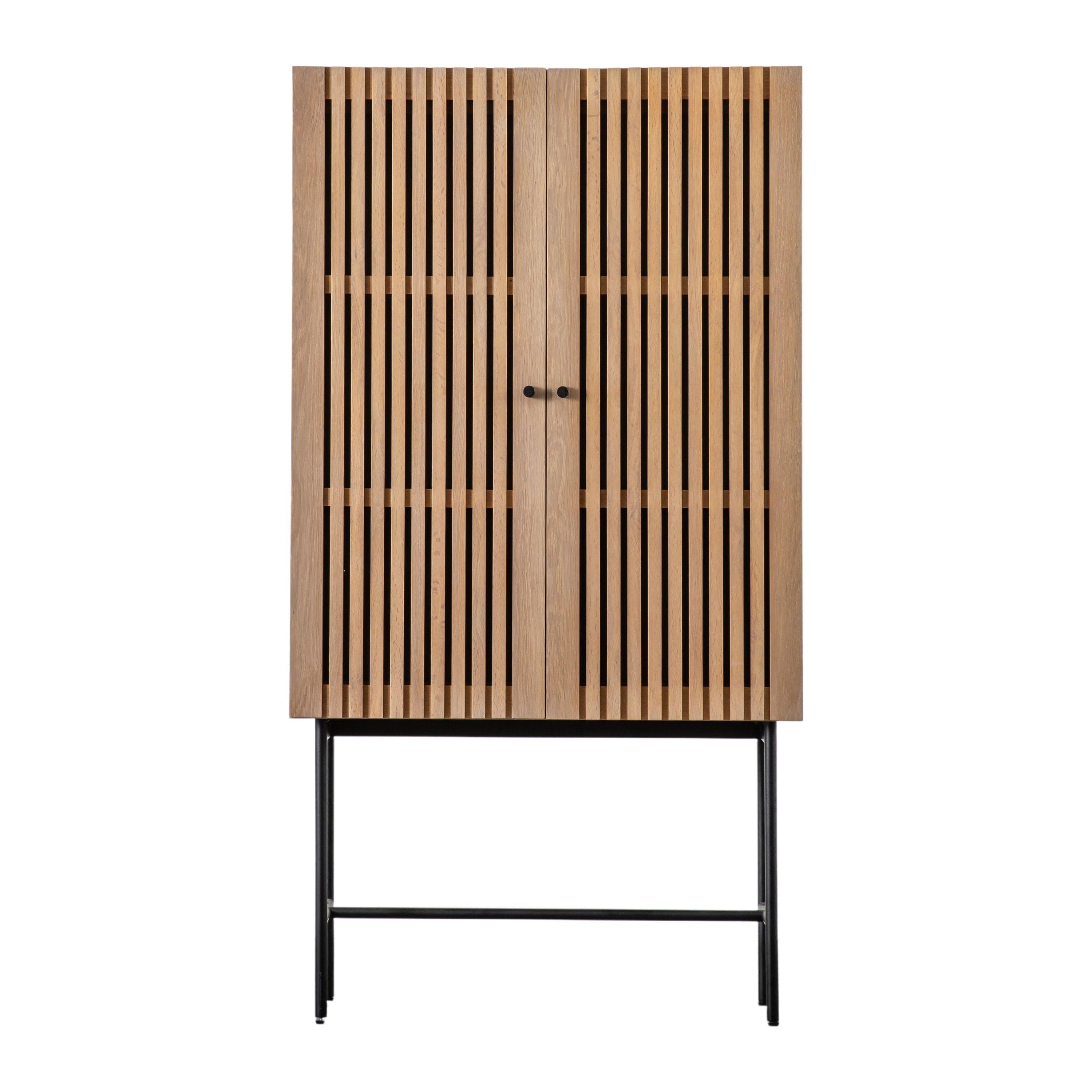 Stella 2 Door Oak Wood Cocktail Cabinet with Black Metal Base - Maison Rêves UK