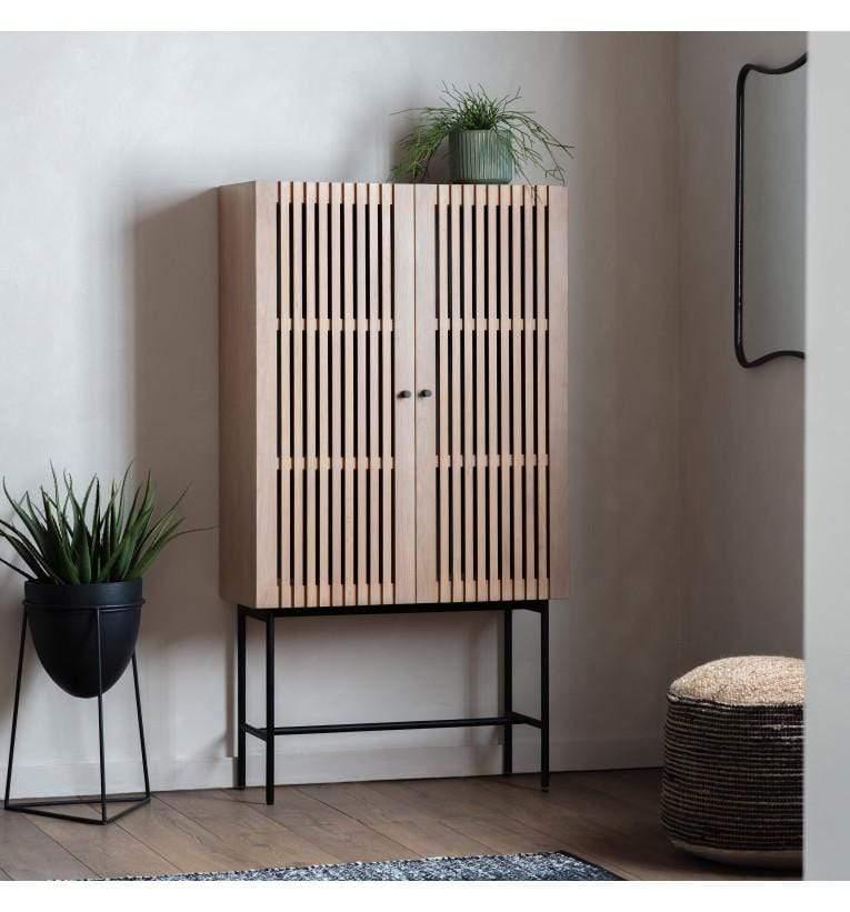 Stella 2 Door Oak Wood Cocktail Cabinet with Black Metal Base - Maison Rêves UK