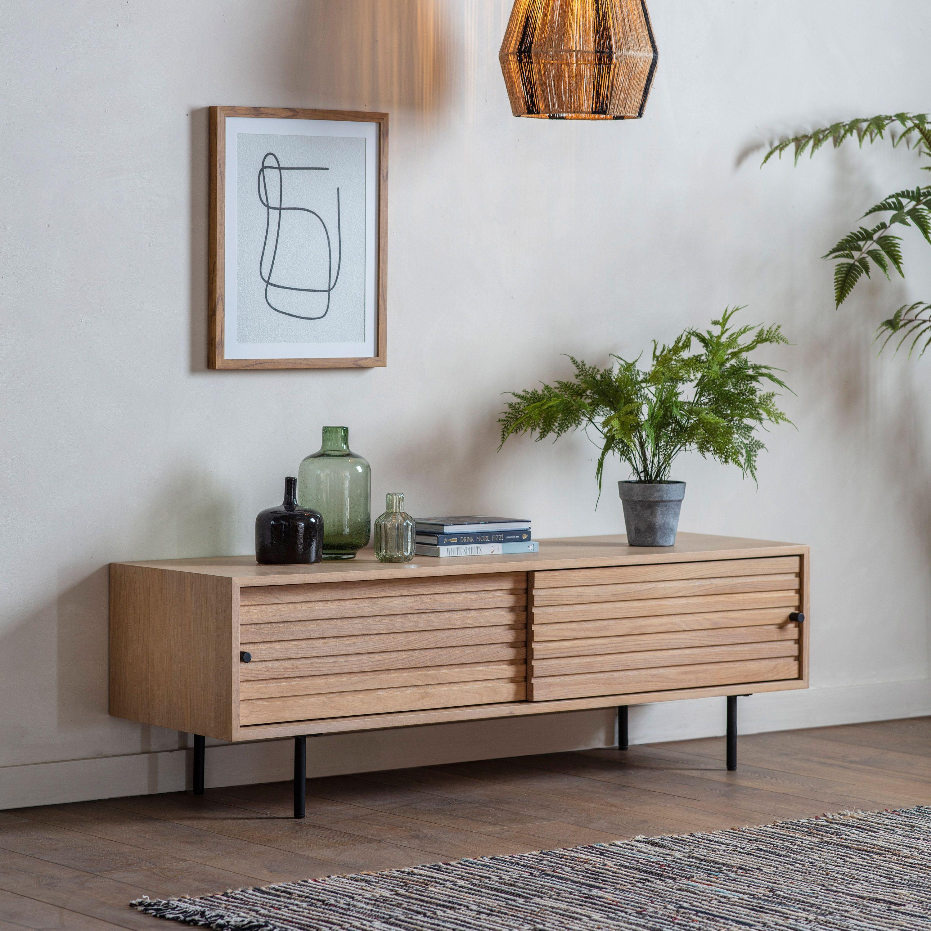 Stella Oak Wood Media Unit with Black Metal Legs - Maison Rêves UK