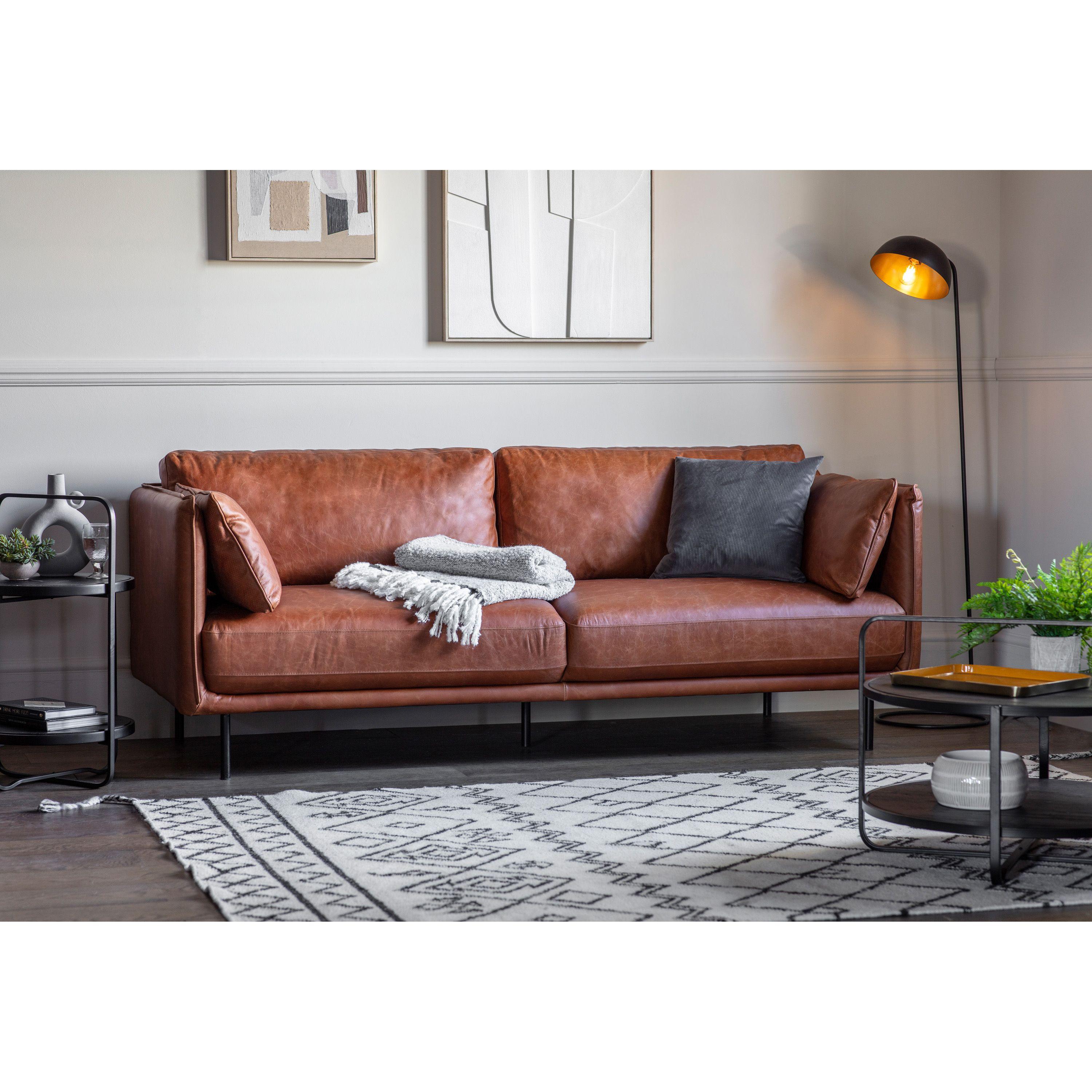 Veradis Sofa Brown Leather with Black Metal Legs - Maison Rêves UK