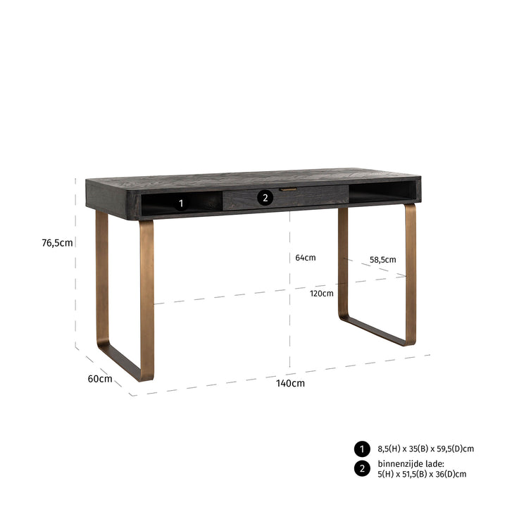 Blackbone 1 Drawer Black Rustic Desk with Brass Base by Richmond Interiors