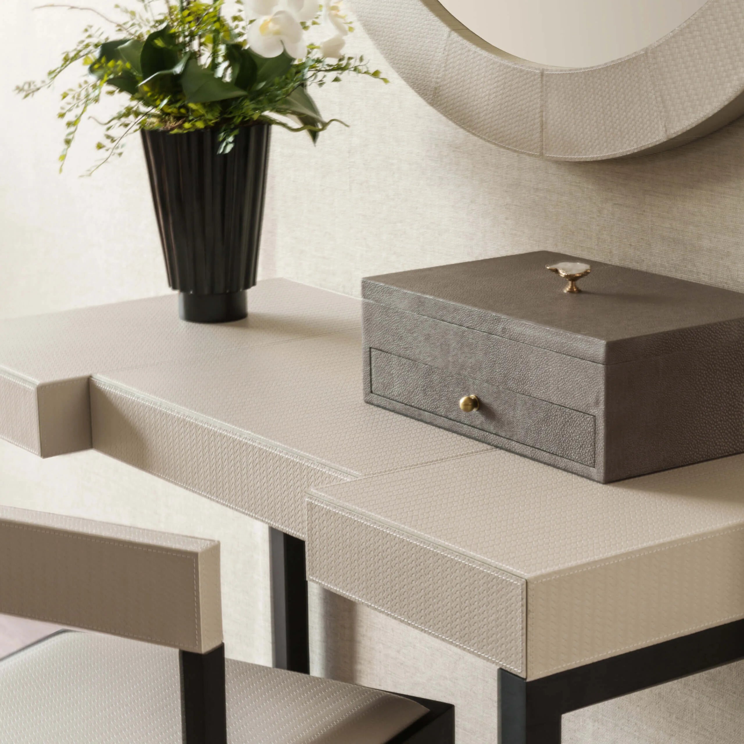 Compact Desk and Chair Woven Pumice Leather