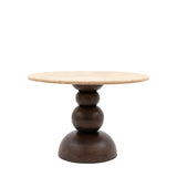 Sculpture Dark Mango Wood Round Dining Table Travertine Top