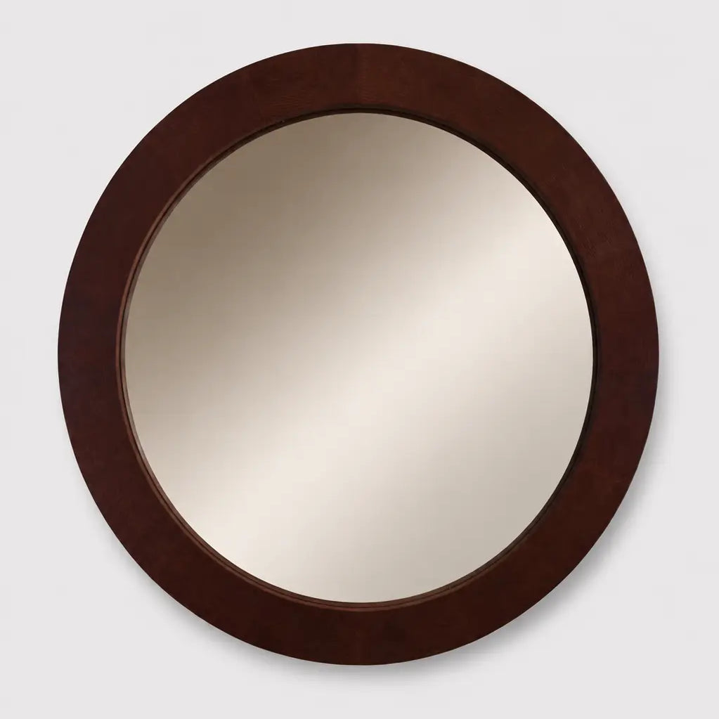 Round Mirror Burgundy Leather