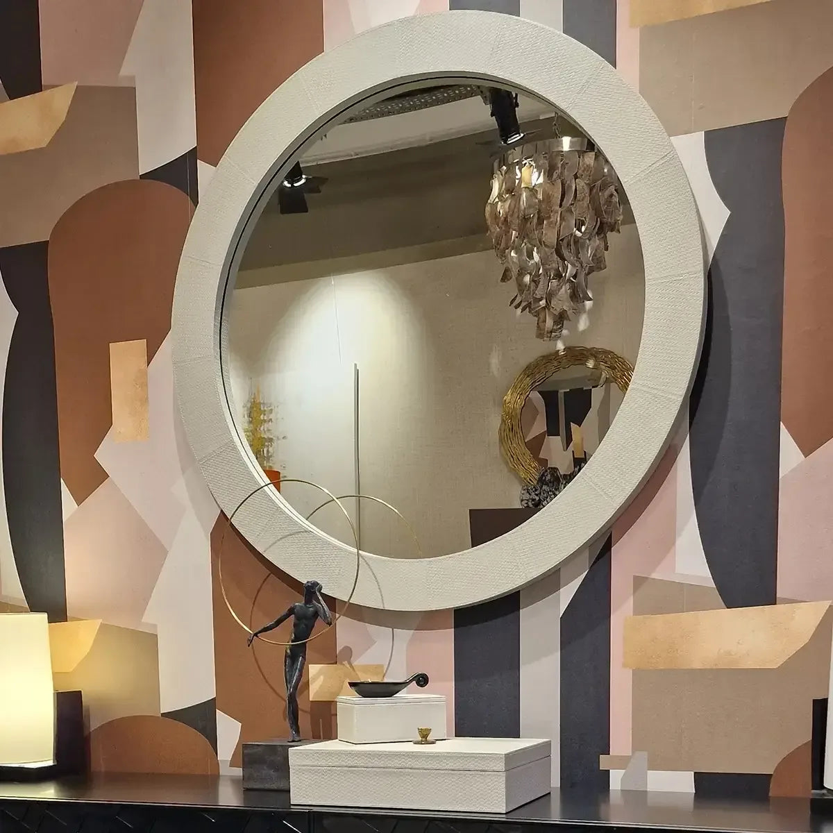 Round Mirror Pumice Woven Leather