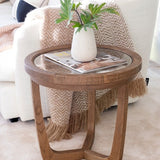 Ariana Natural Oak Wood Round Side Table with Glass Top