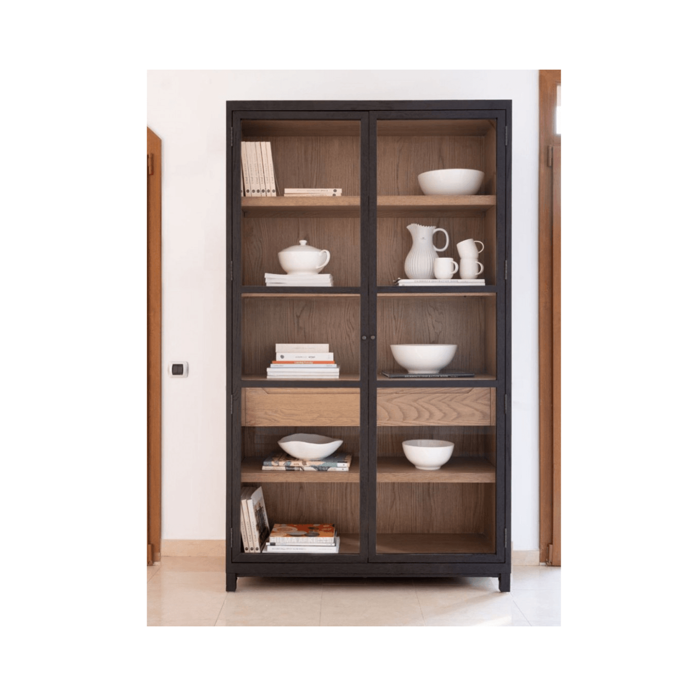 Alantra Dark Oak Wood Tall Cabinet with Drawers - Maison Rêves UK