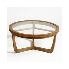 Ariana Natural Oak Wood Round Coffee Table with Glass Top - Maison Rêves UK