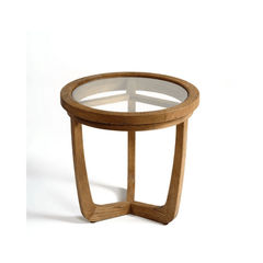Ariana Natural Oak Wood Round Side Table with Glass Top - Maison Rêves UK