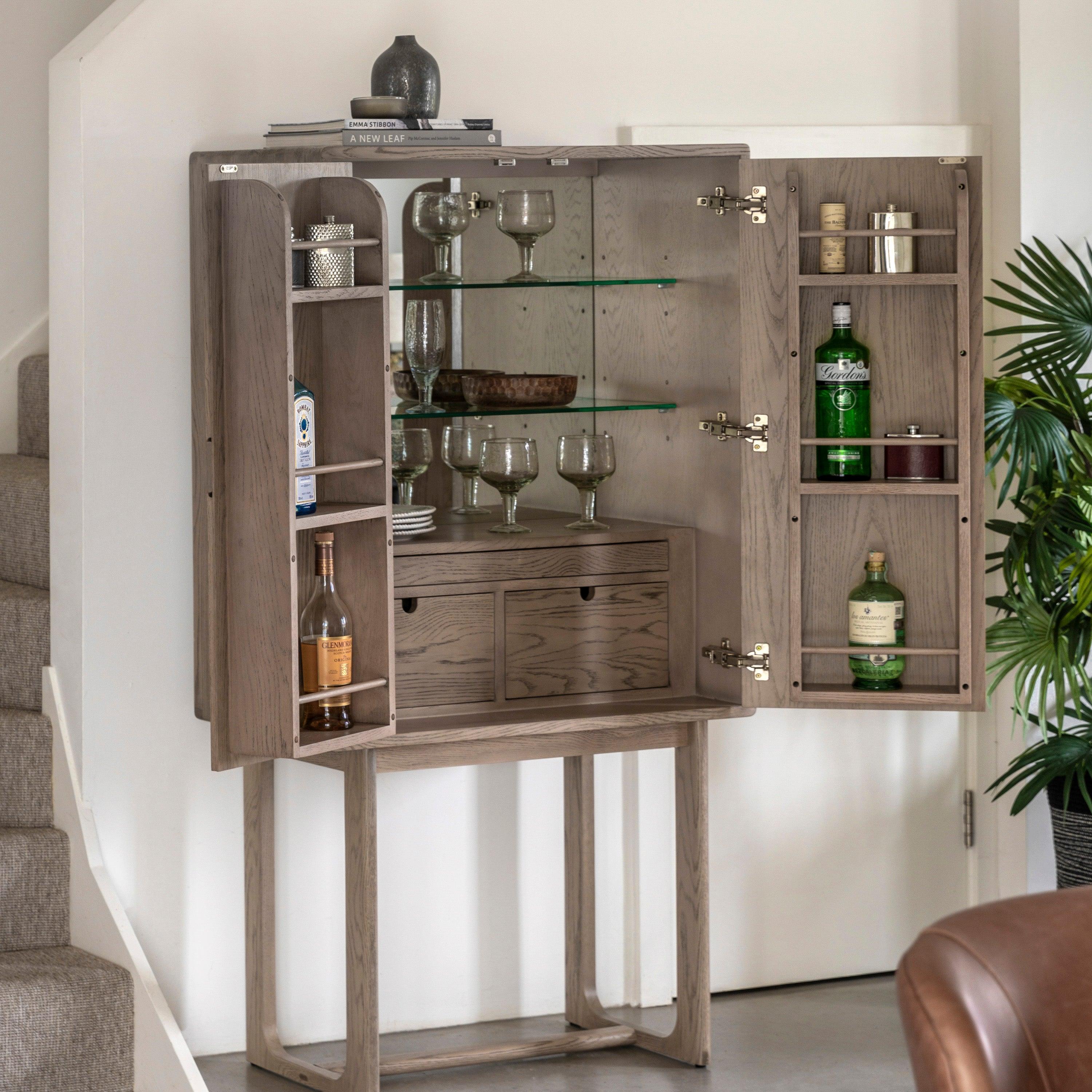 Artisan Cocktail Cabinet Smoked Oak Wood - Maison Rêves UK