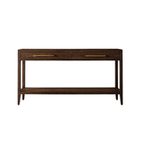 Bayeux 2-Drawer Brushed Brown Solid Oak Console Table with Brass Handles - Maison Rêves UK