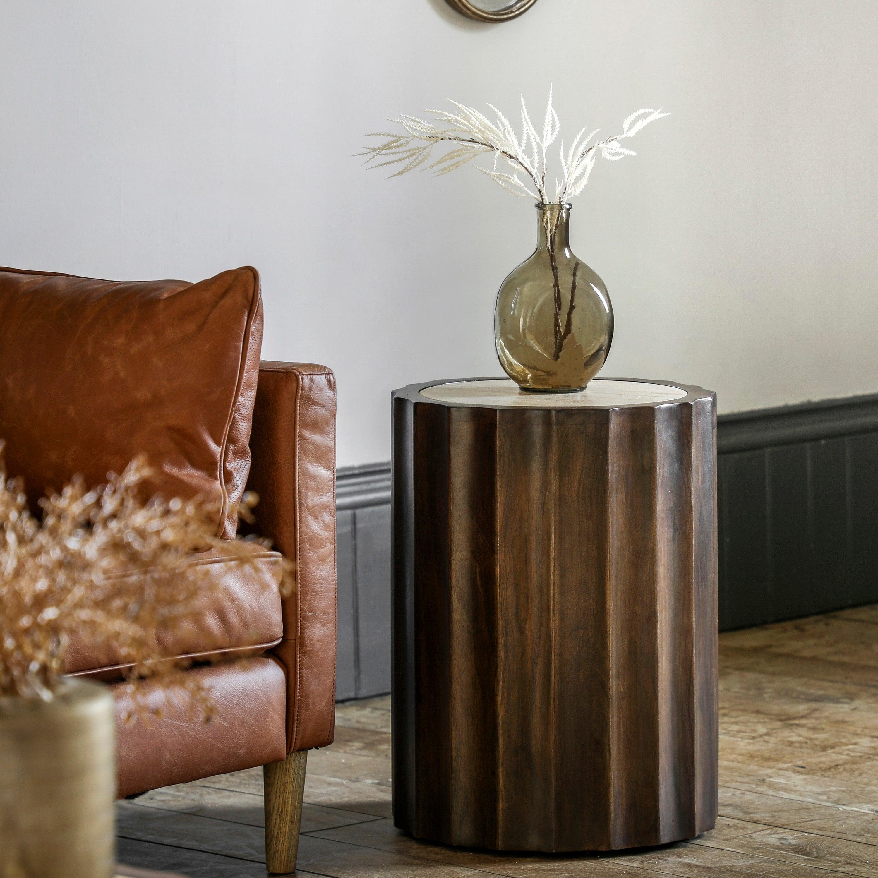 Cascata Mango Wood Side Table Travertine Top - Maison Rêves UK