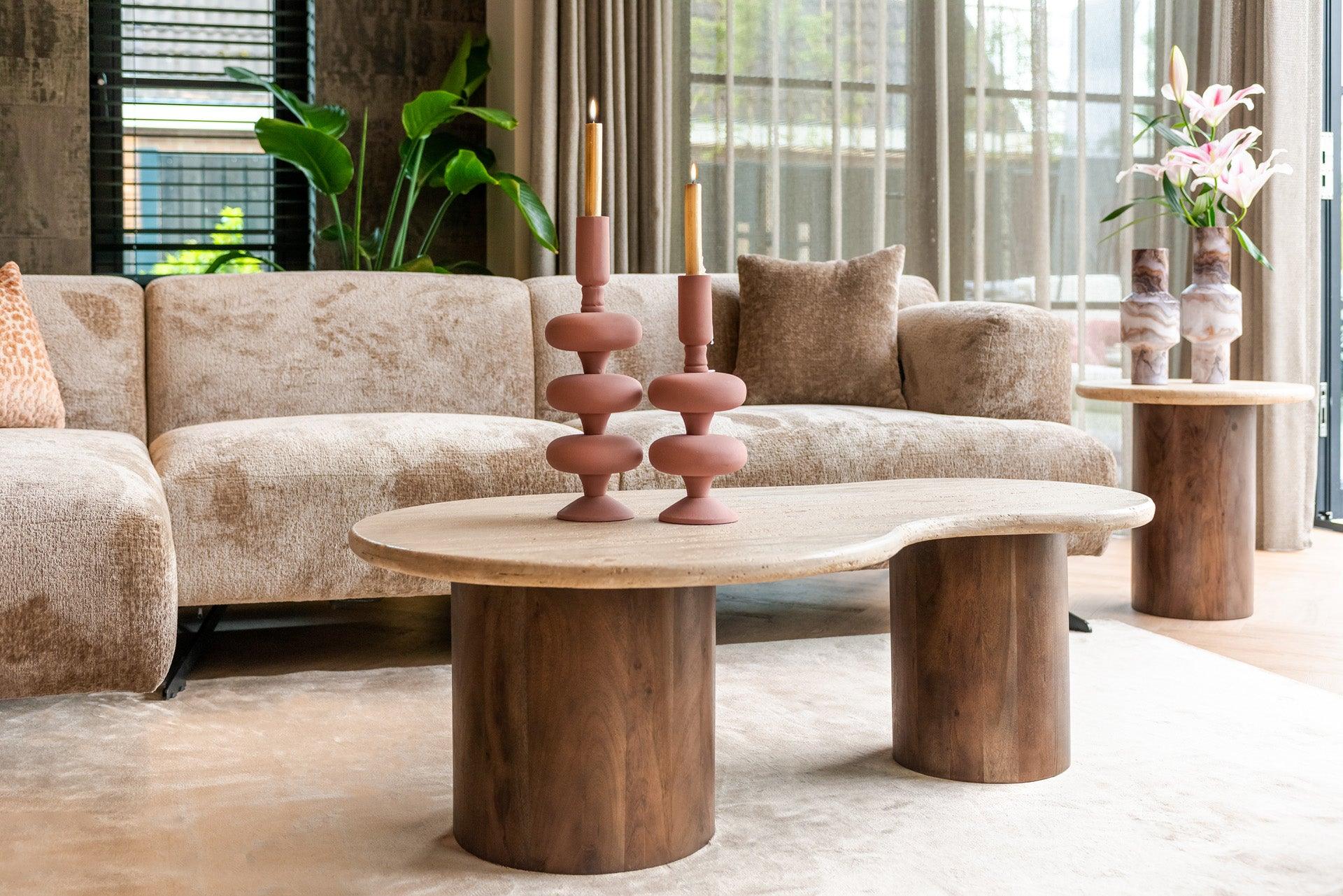 Douglas Travertine Circular Side Table with Mango Wood Base by Richmond Interiors - Maison Rêves UK