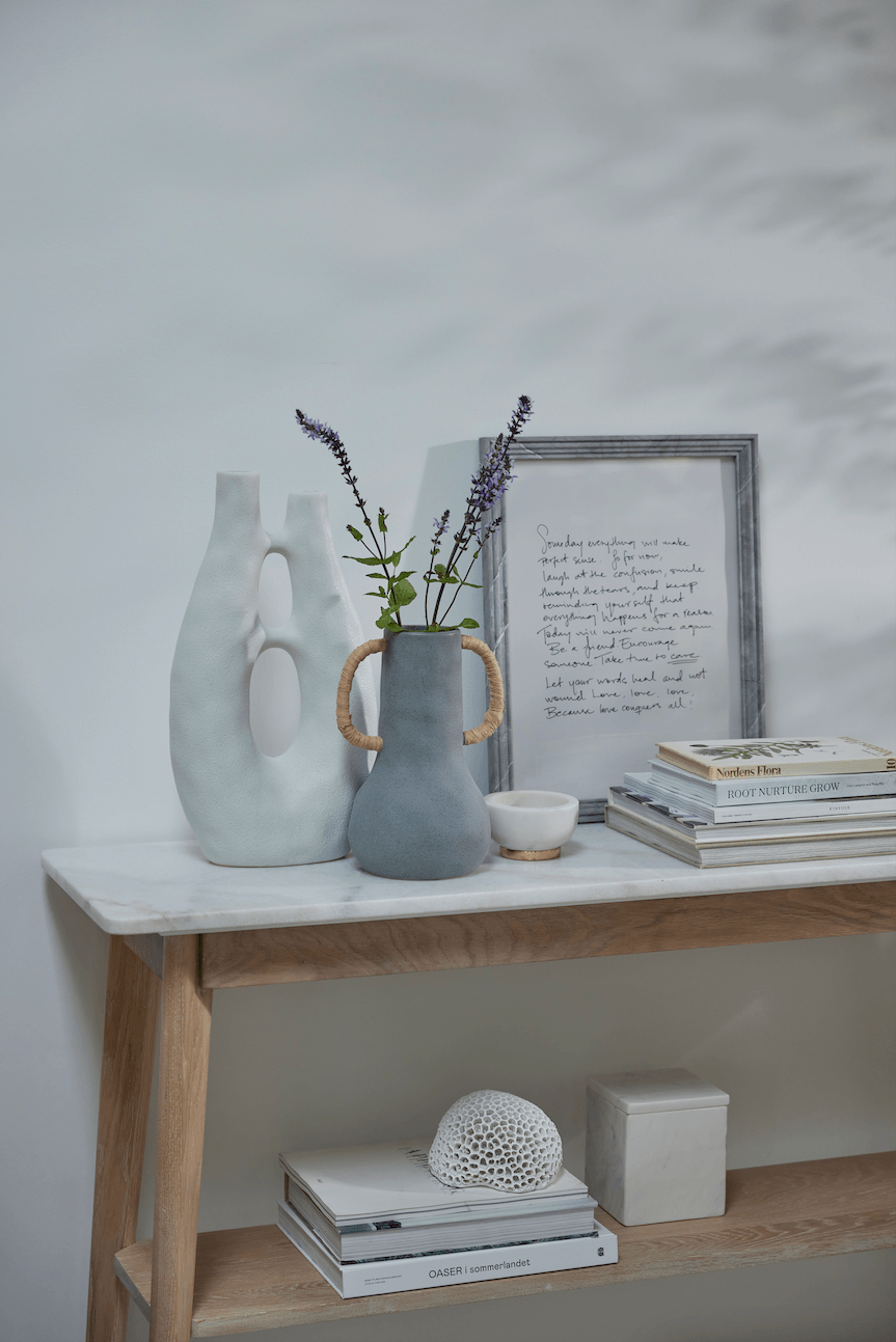 Ellie White Wash Oak Wood Console Table with White Marble Top - Maison Rêves UK