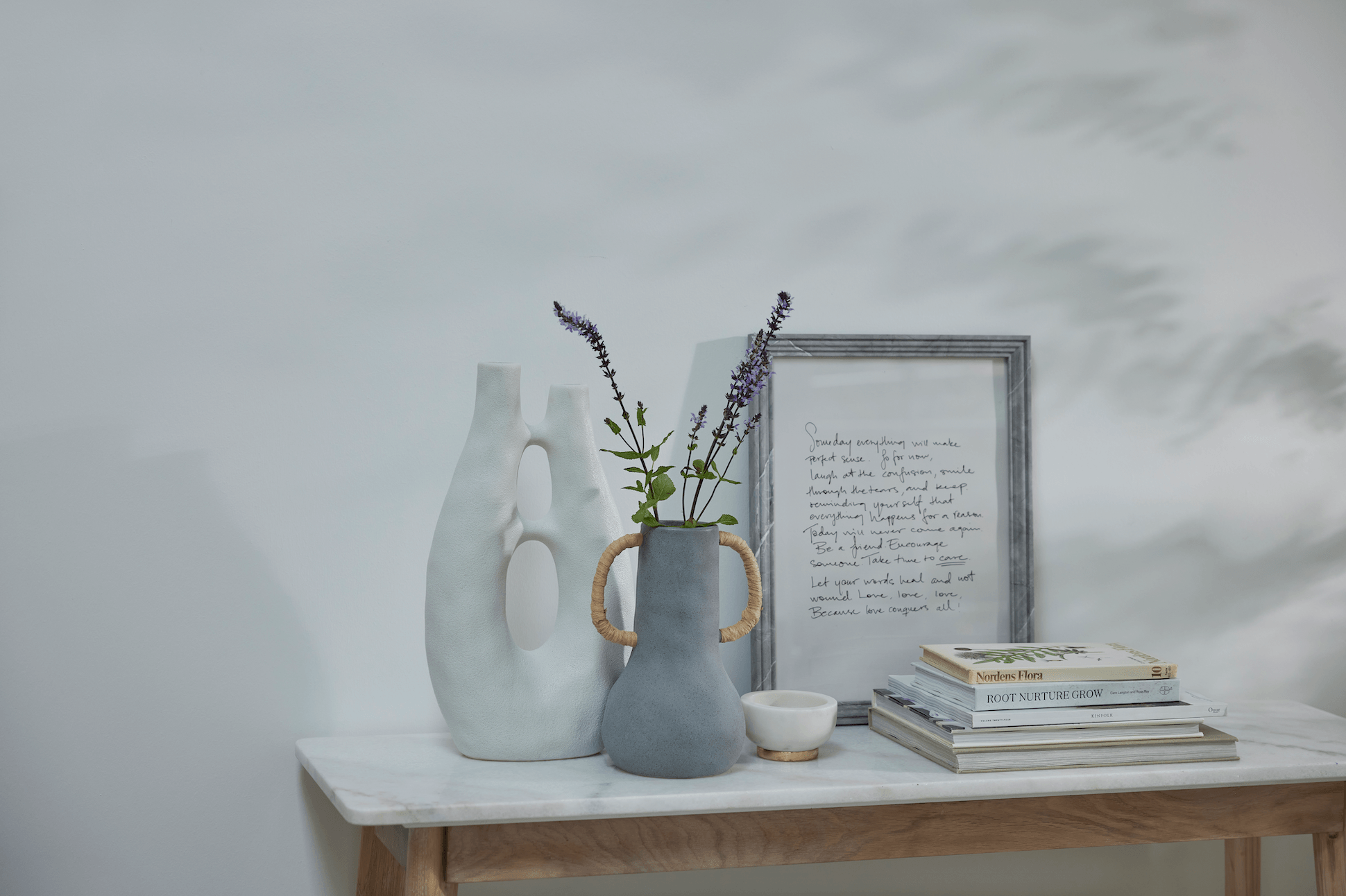 Ellie White Wash Oak Wood Console Table with White Marble Top - Maison Rêves UK