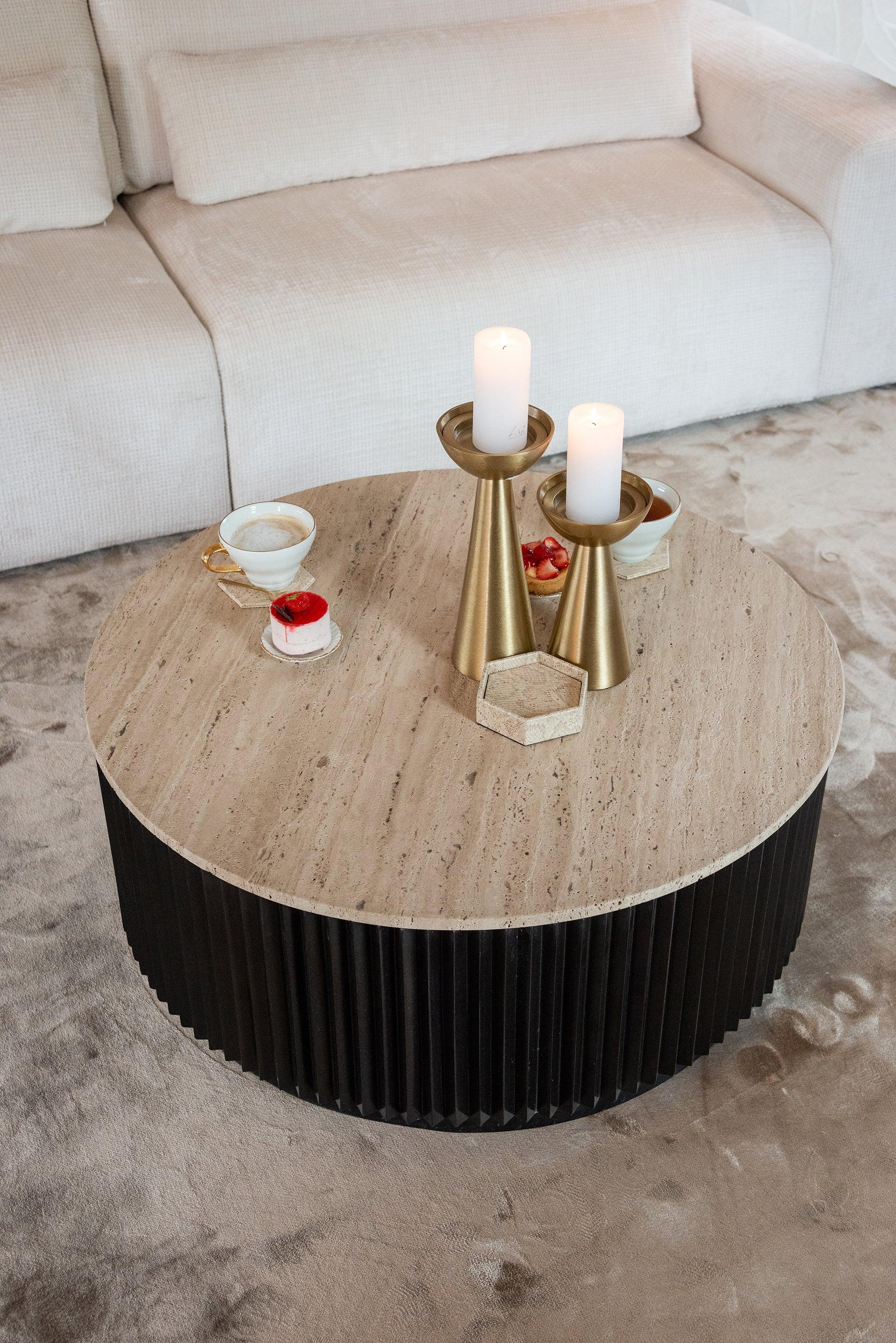Hampton Circular Coffee Table with Travertine Top by Richmond Interiors - Maison Rêves UK