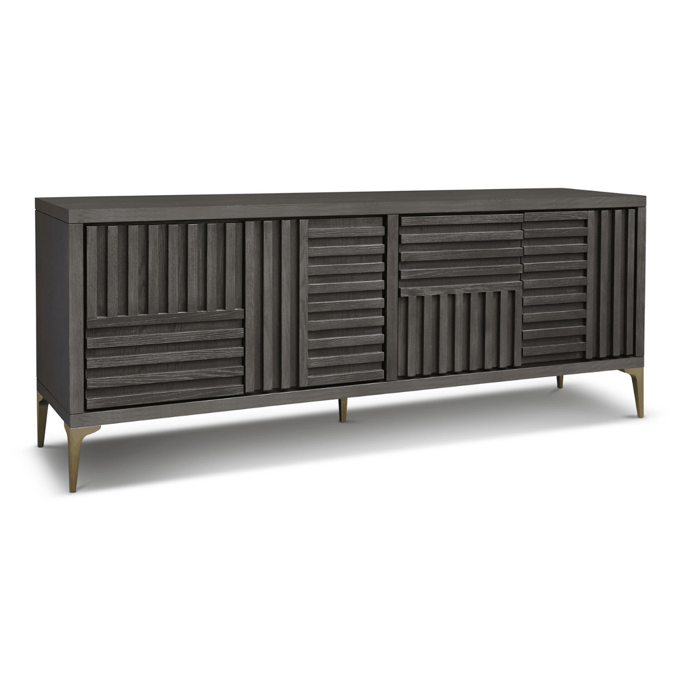 Kyoto 4-Door Sideboard Textured Grey Oak Veneer With Brushed Brass Feet by Berkeley Designs - Maison Rêves UK