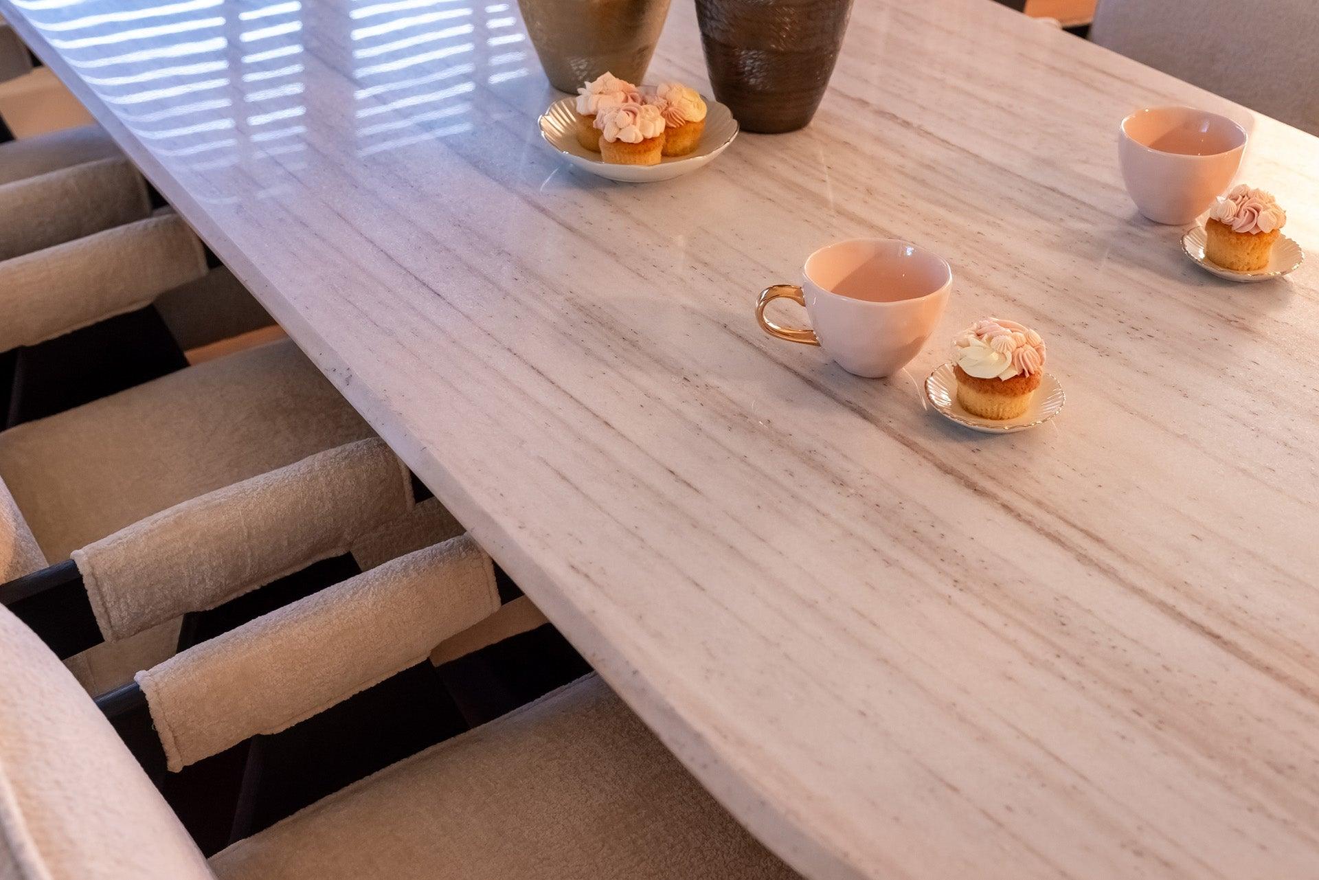 Mayfield White Marble Top Rectangular Dining Table with Brown Wood Base by Richmond Interiors - Maison Rêves UK