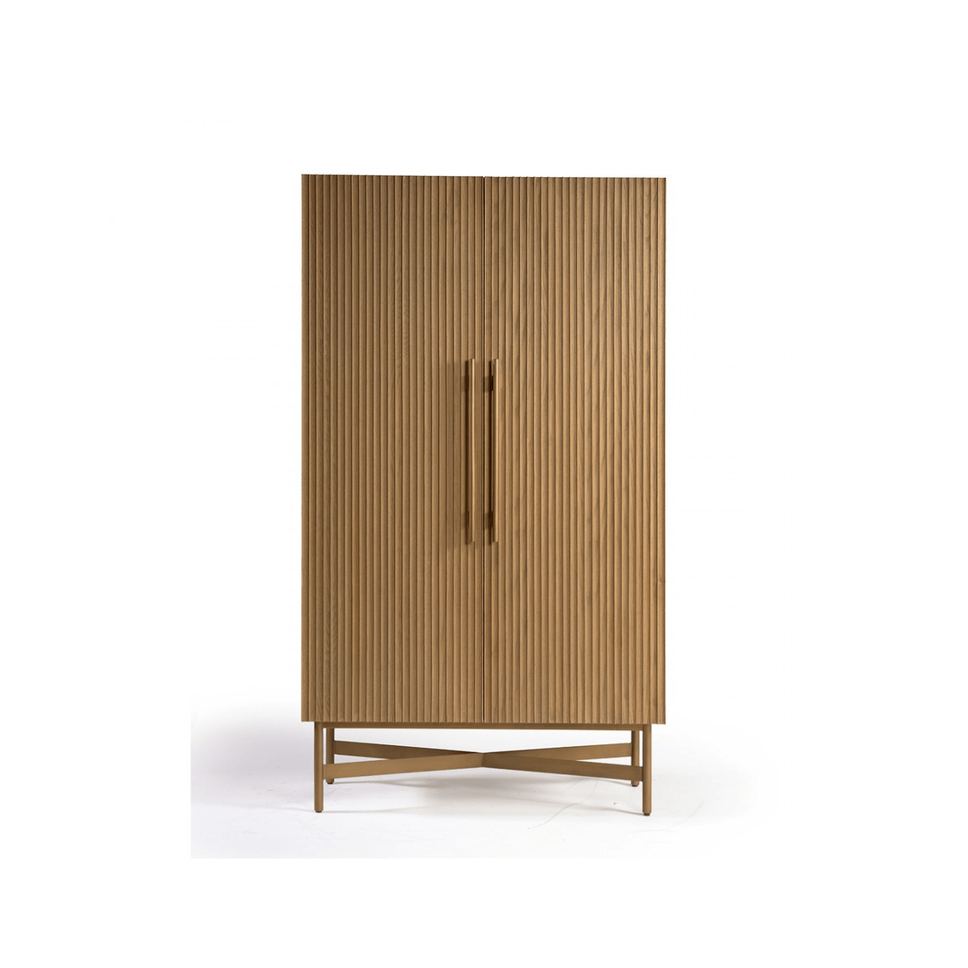 Reina Natural Oak Slatted Tall Cabinet with Golden Metal Base - Maison Rêves UK