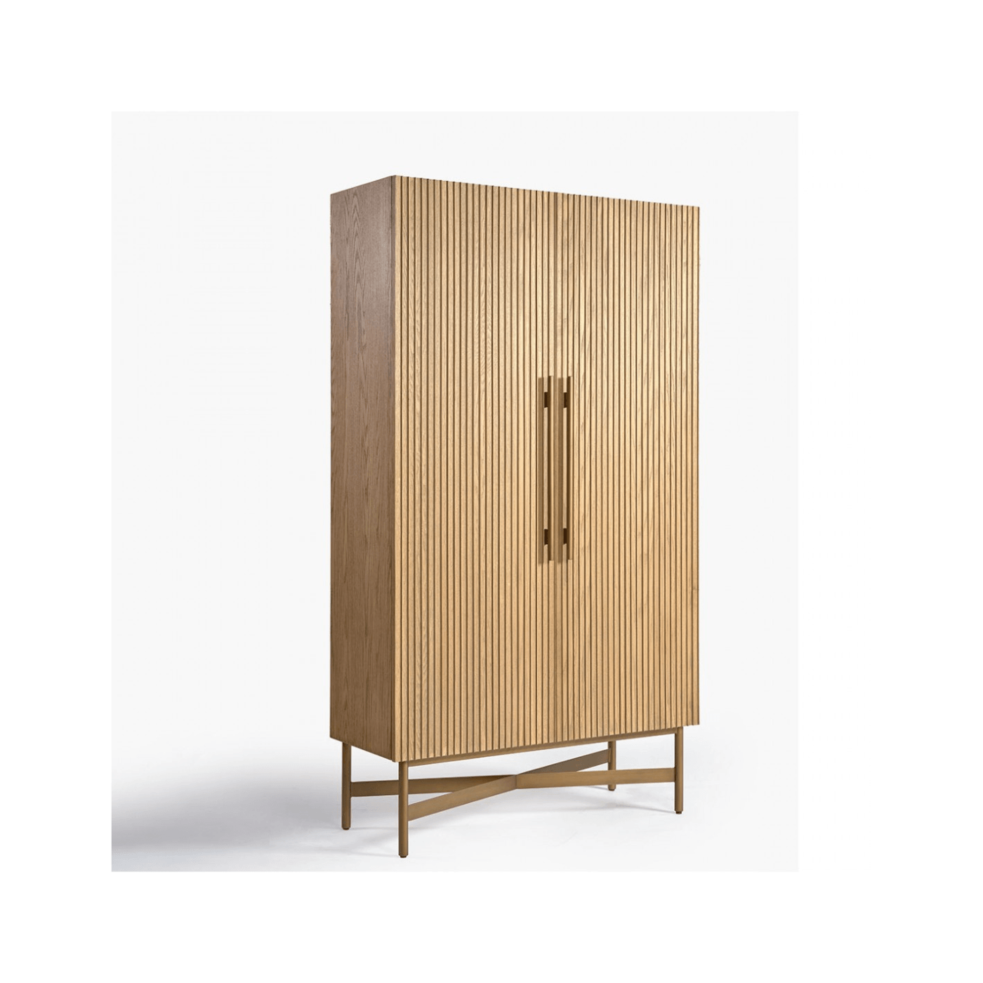 Reina Natural Oak Slatted Tall Cabinet with Golden Metal Base - Maison Rêves UK