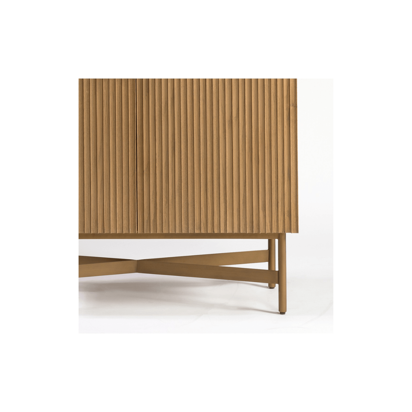 Reina Natural Oak Slatted Tall Cabinet with Golden Metal Base - Maison Rêves UK