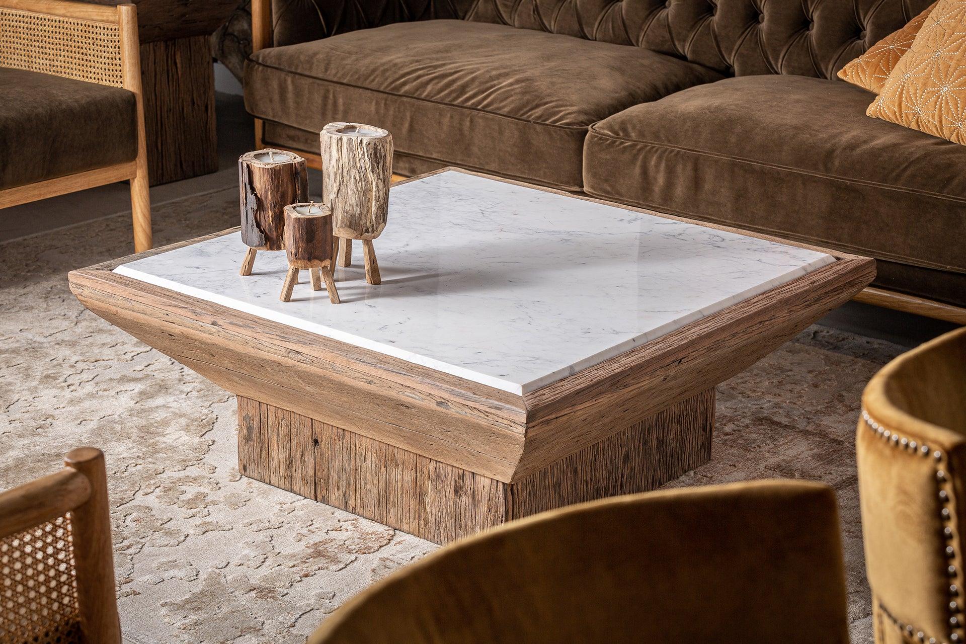 Samsun Recycled Pine Wood Coffee Table with Marble Top - Maison Rêves UK