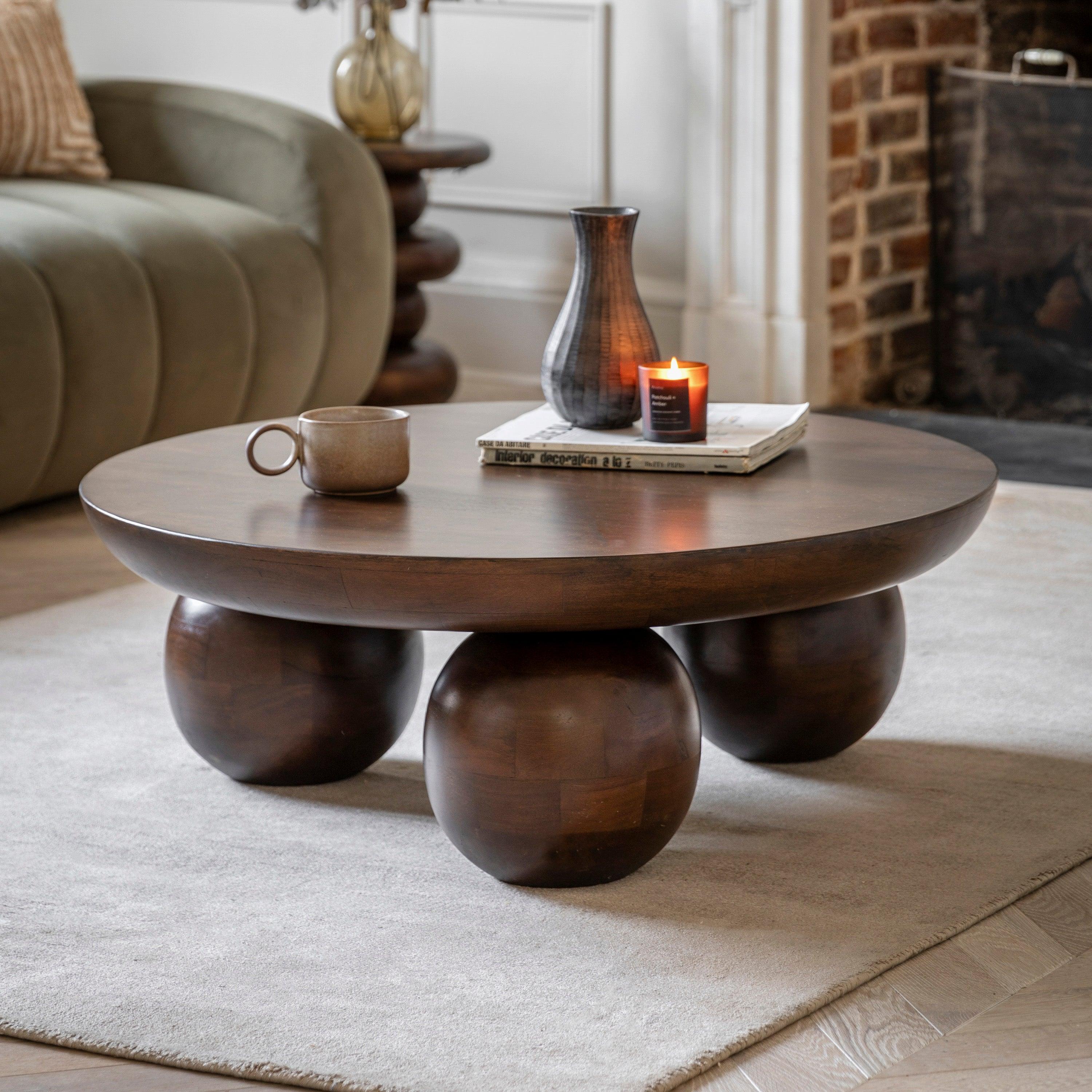 Sculpture Round Dark Mango Wood Coffee Table - Maison Rêves UK