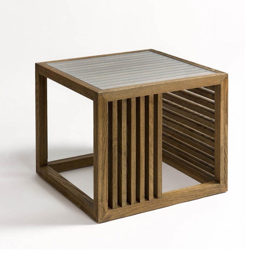 Venecia Natural Oak Wood Square Side Table with Tempered Glass Top - Maison Rêves UK