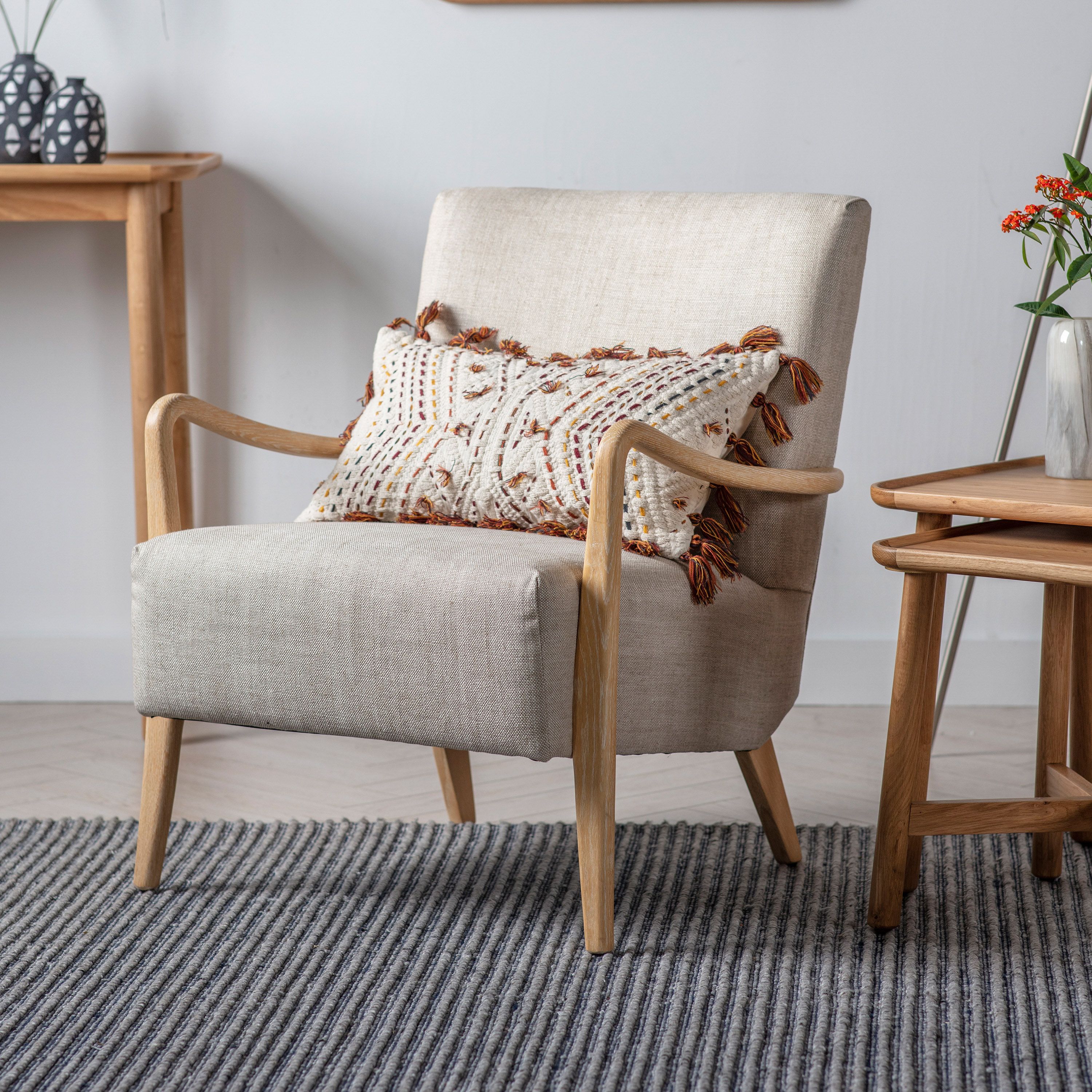 Edelmar Solid Oak Armchair Upholstered in Natural Linen - Maison Rêves UK