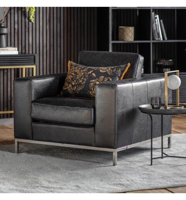 Riverstone Armchair Black Leather with Steel Legs - Maison Rêves UK