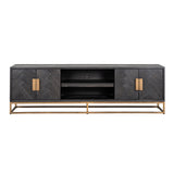 Blackbone Black Oak 4 Door Media Unit with Brass Base and Open Compartment by Richmond Interiors
