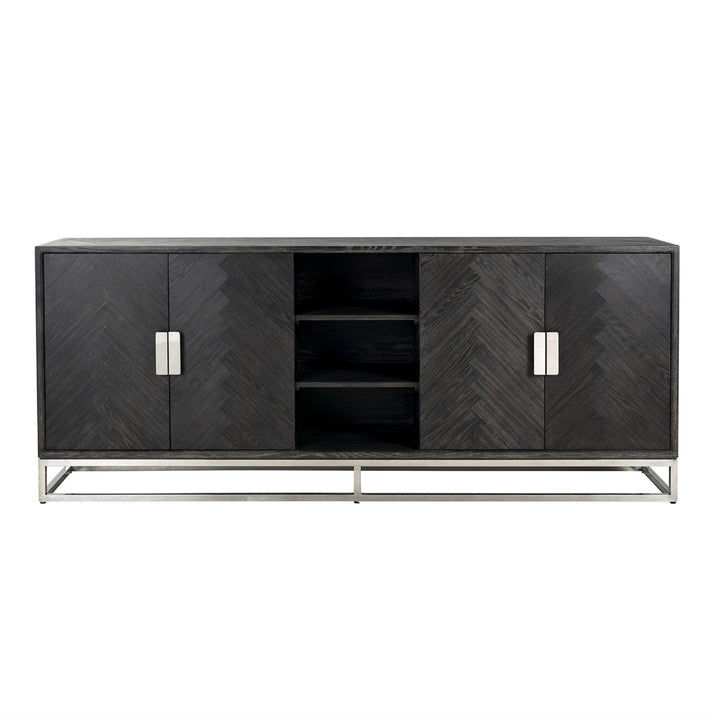 Blackbone Black Oak 4 Door Sideboard with Silver Base and Open Compartment by Richmond Interiors
