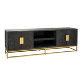 Blackbone Black Oak 4 Door Media Unit with Gold Base and Open Compartment by Richmond Interiors