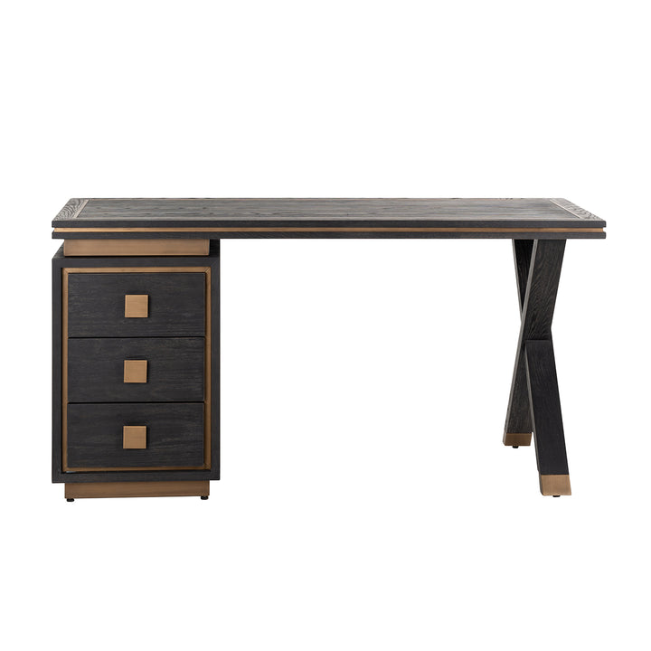 Hunter 3 Drawer Desk in Black Rustic Oak with Brushed Gold Accents by Richmond Interiors