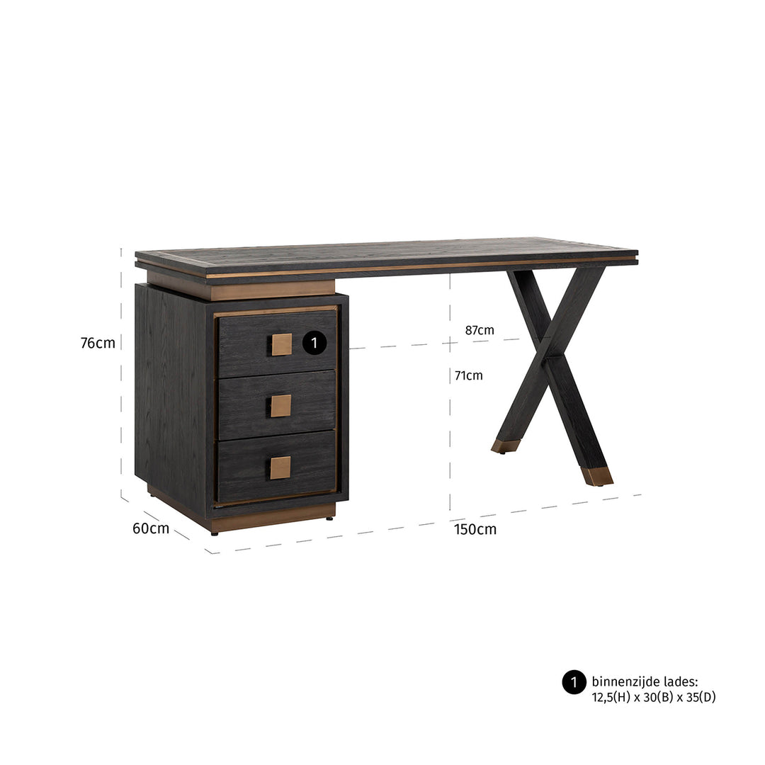 Hunter 3 Drawer Desk in Black Rustic Oak with Brushed Gold Accents by Richmond Interiors
