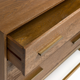 Martos Brown Oak Chest of Drawers with Gold Metal Base