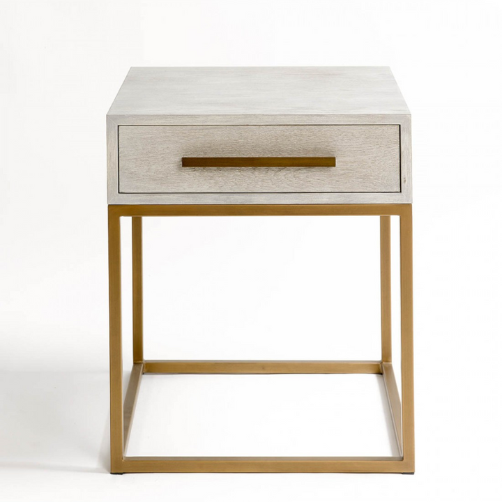 Martos Off White Oak Bedside Table with Gold Metal Base